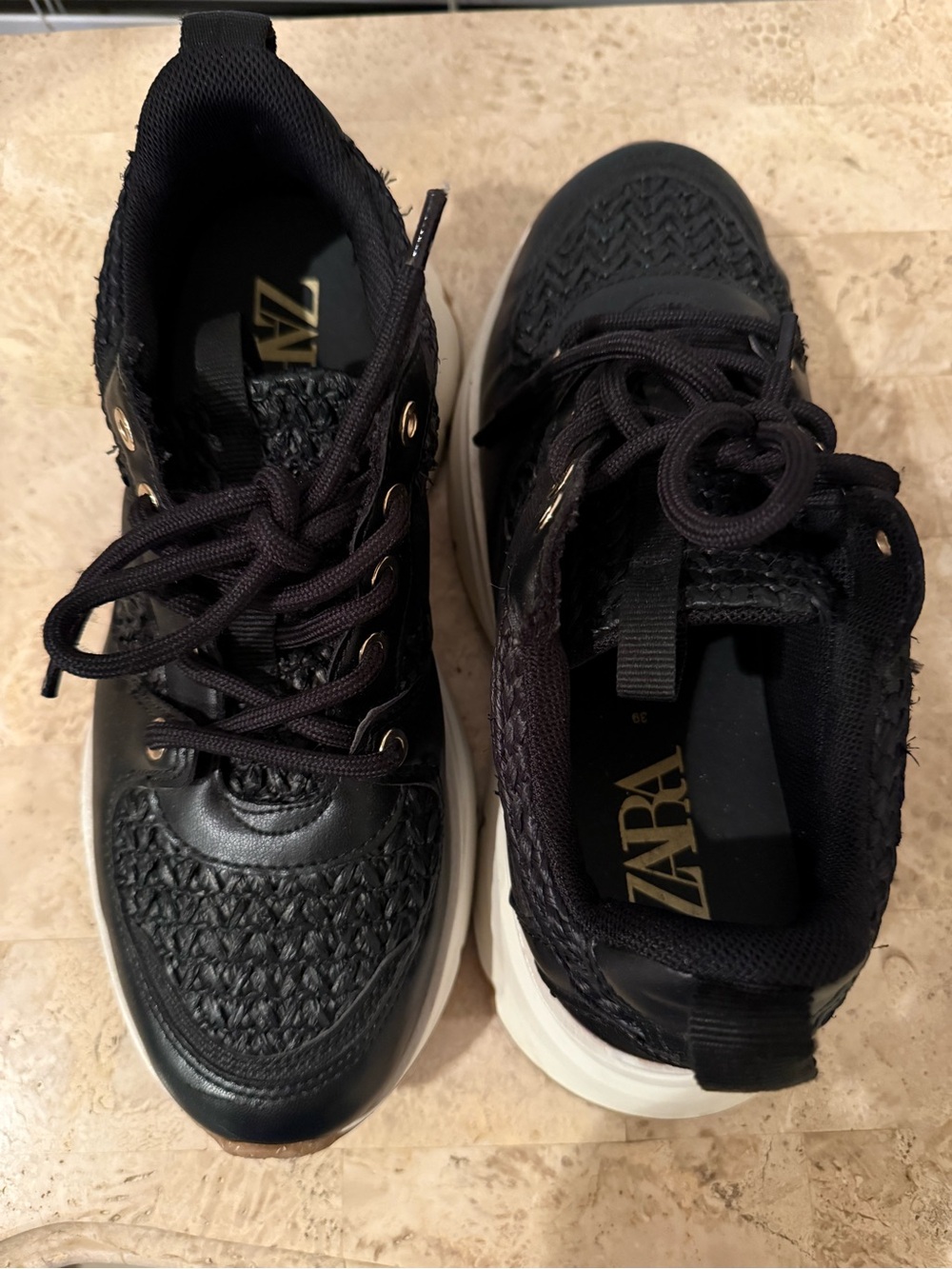Zara Black Woven-Texture Lace-Up Chunky Sneakers with White Sole, size 39